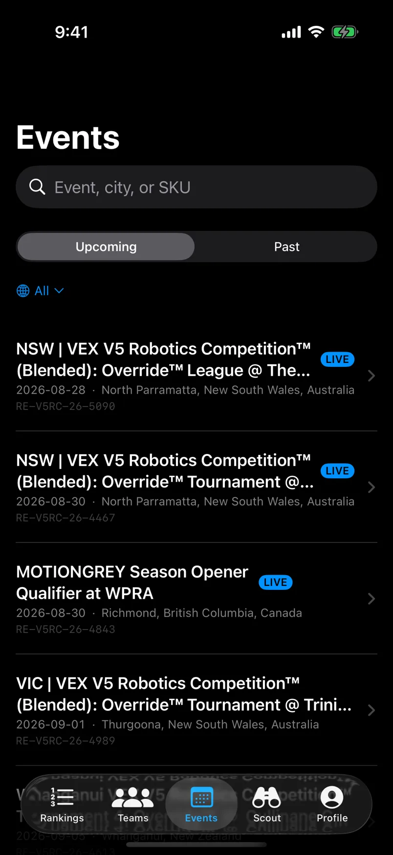 The Events screen of the Vantage iPhone app