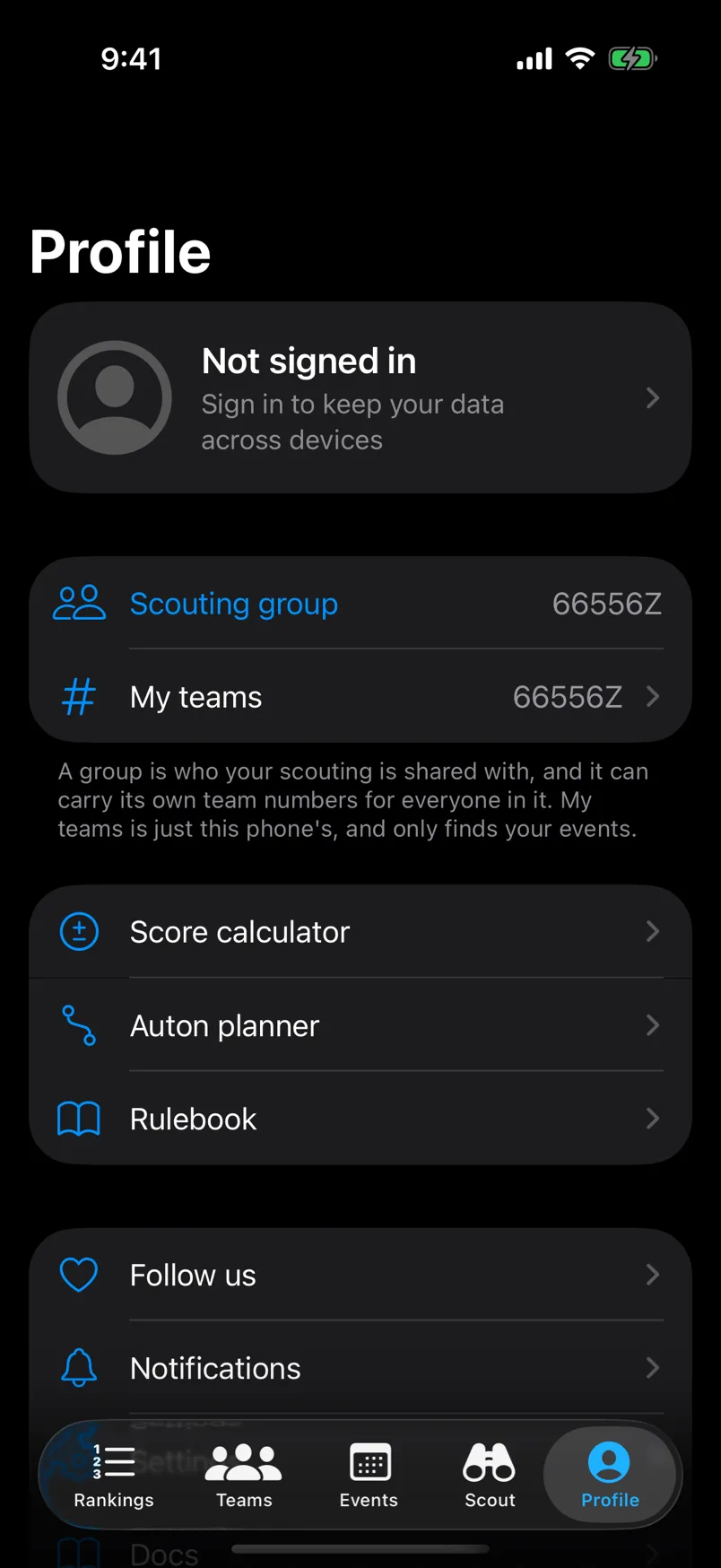 The Profile screen of the Vantage iPhone app