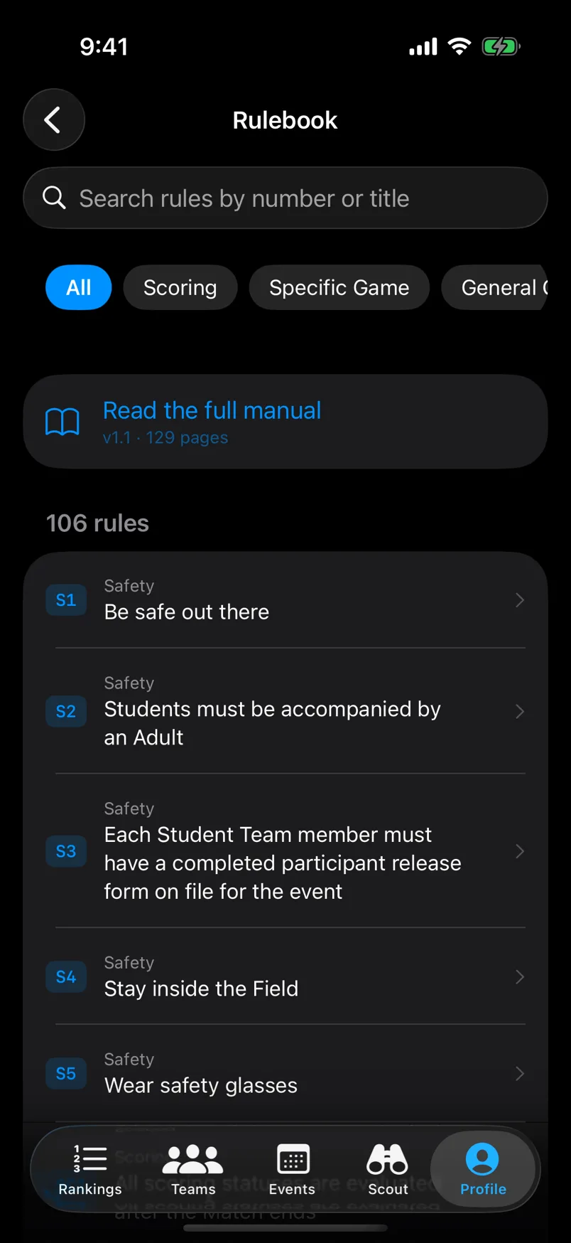 The Rulebook screen of the Vantage iPhone app