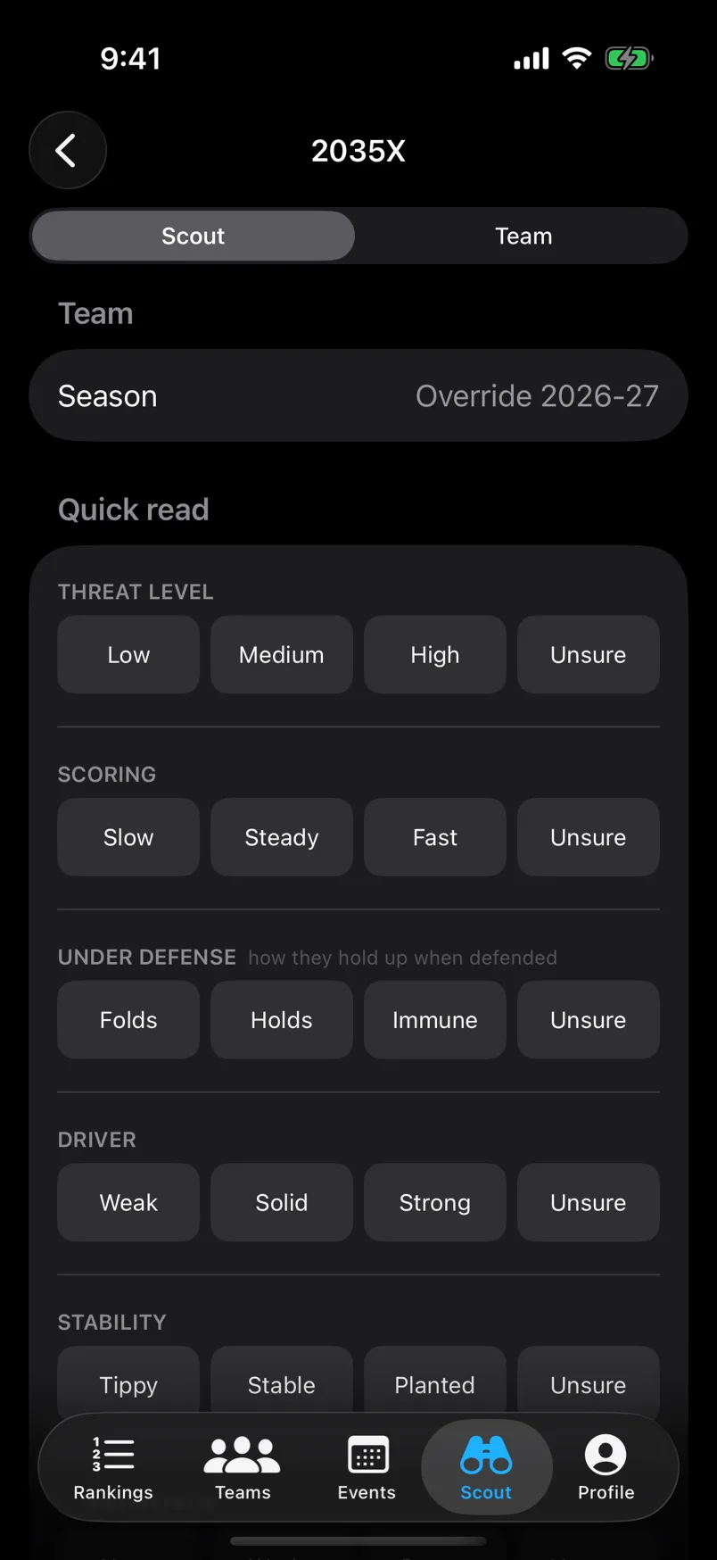 The Pit card screen of the Vantage iPhone app